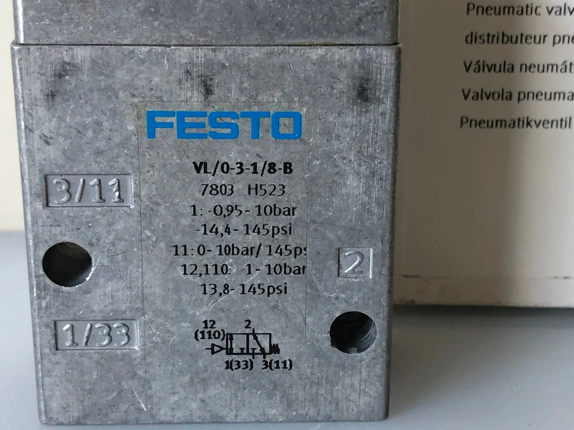 1x NEW Festo VL/0-3-1/8-B 7803 Pneumatic Valve – 3/2 Way Manual 1/8" Port - Thumbnail 4