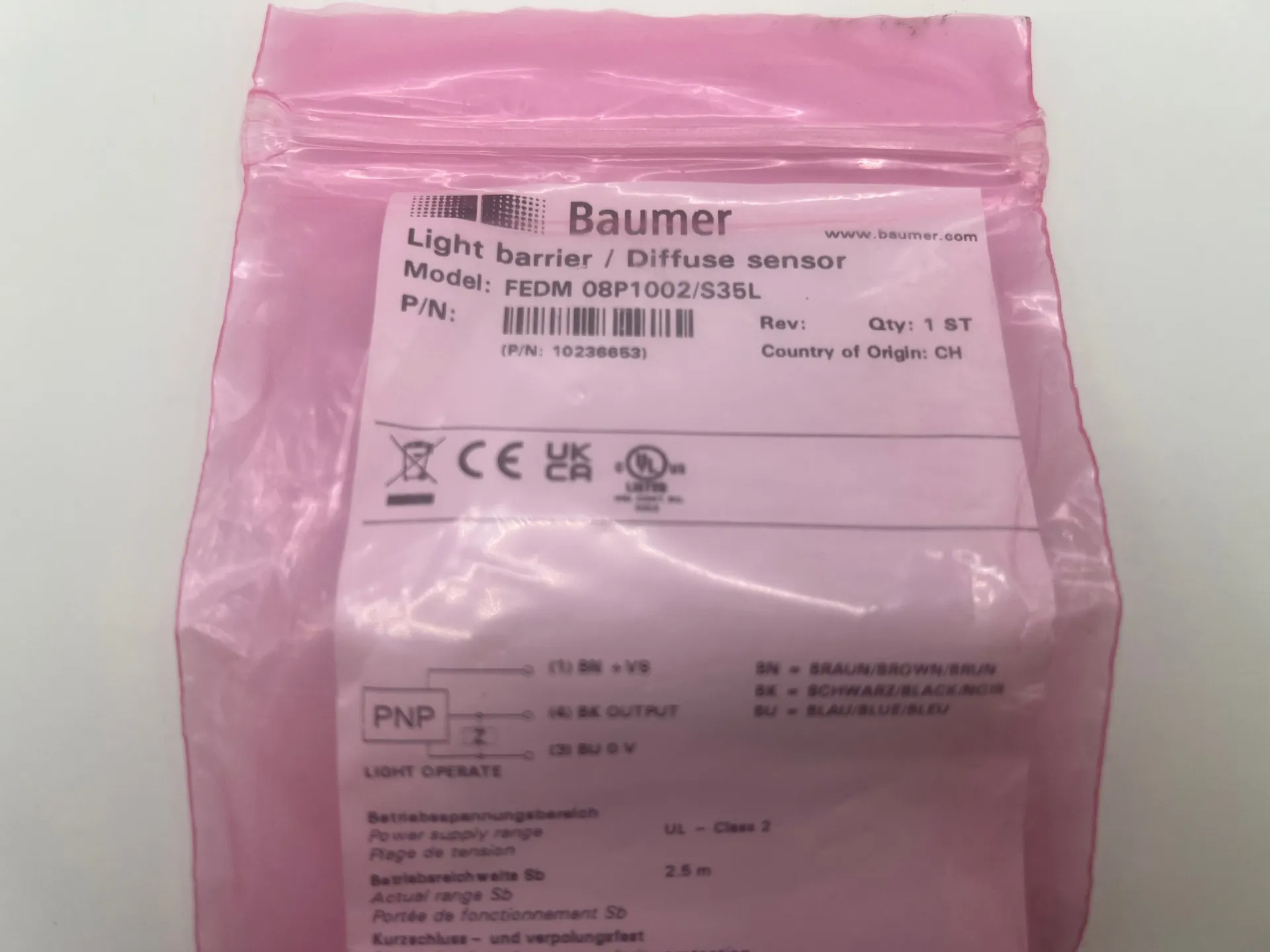 Baumer FEDM 08P1002/S35L Through-Beam Sensor 10–30VDC M8 3-Pin - Thumbnail 2