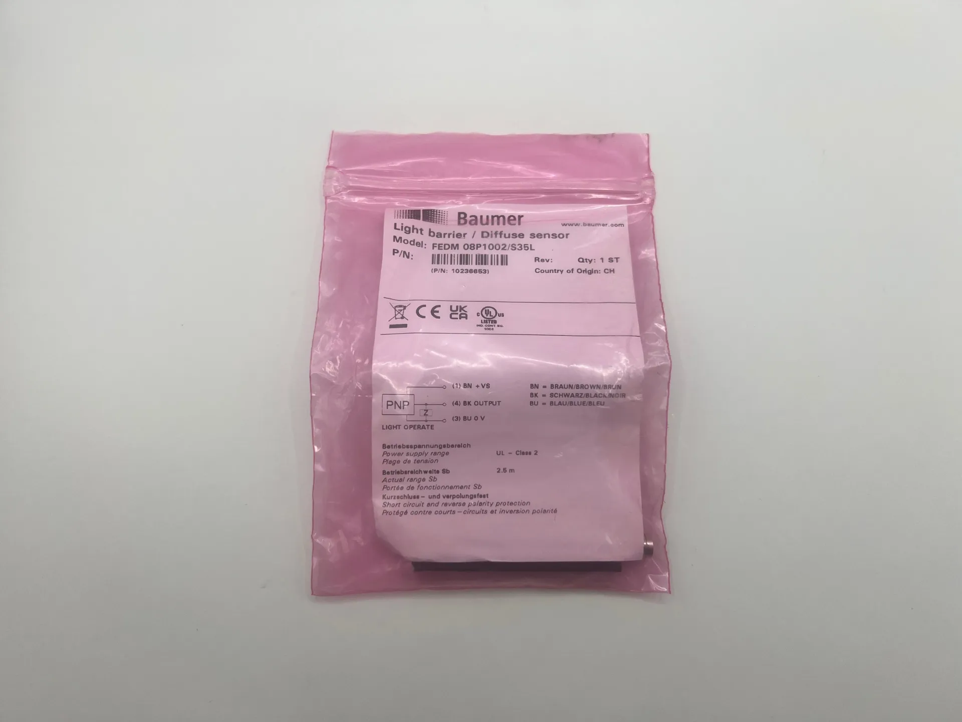 Baumer FEDM 08P1002/S35L Through-Beam Sensor 10–30VDC M8 3-Pin