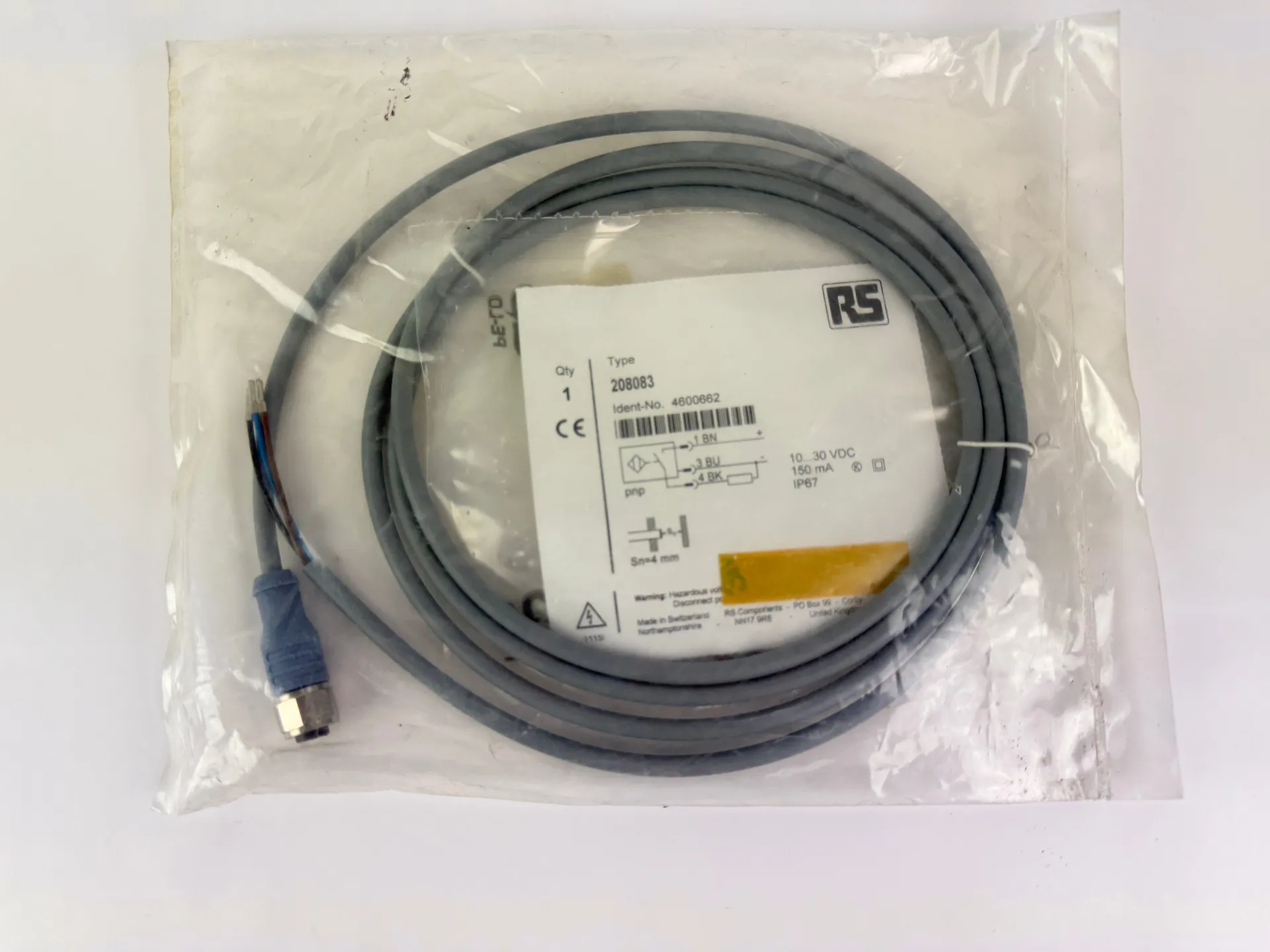 RS 208083 Inductive Proximity Sensor 4mm PNP 10-30VDC IP67 M8 Cable