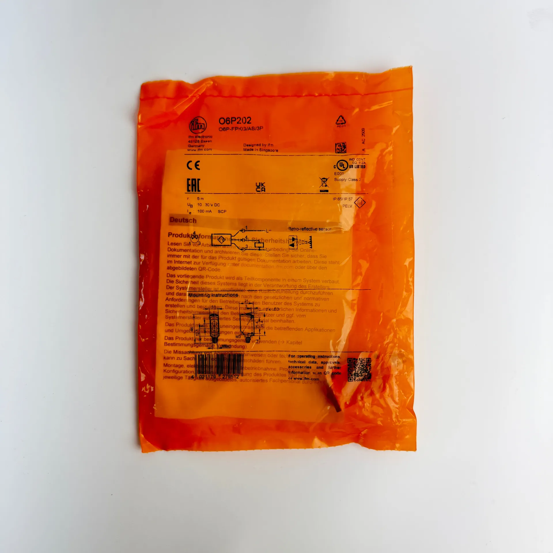 ifm O6P202 O6P-FPKG/AS/3P Retro-Reflective Photoelectric Sensor PNP 5m M8 - Image 1