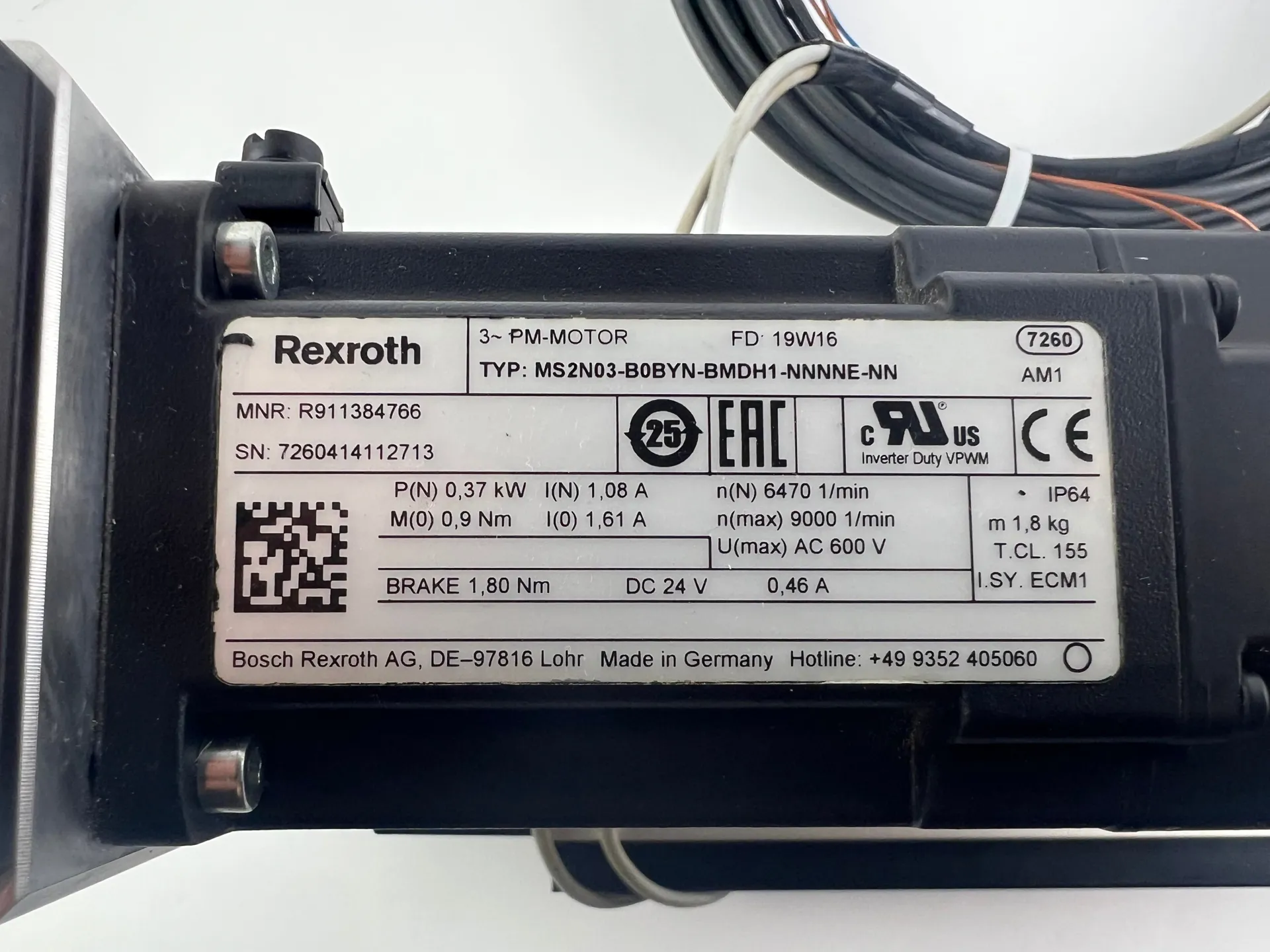 Rexroth R030520399 CKK-090-NN-1 Compact Module + R911384766 MS2N03-B0BYN-BMDH1-NNNNE-N Motor + 2 Cables + Sensors - Thumbnail 7