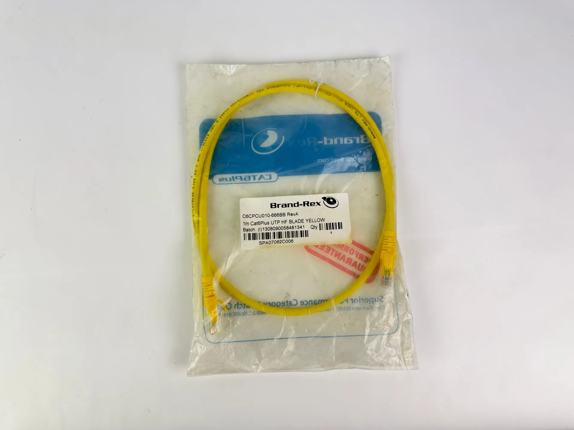 Brand-Rex C6CPCU010-666BB Cat6Plus UTP Patch Cable 1m Yellow RJ45 HF - Image 1