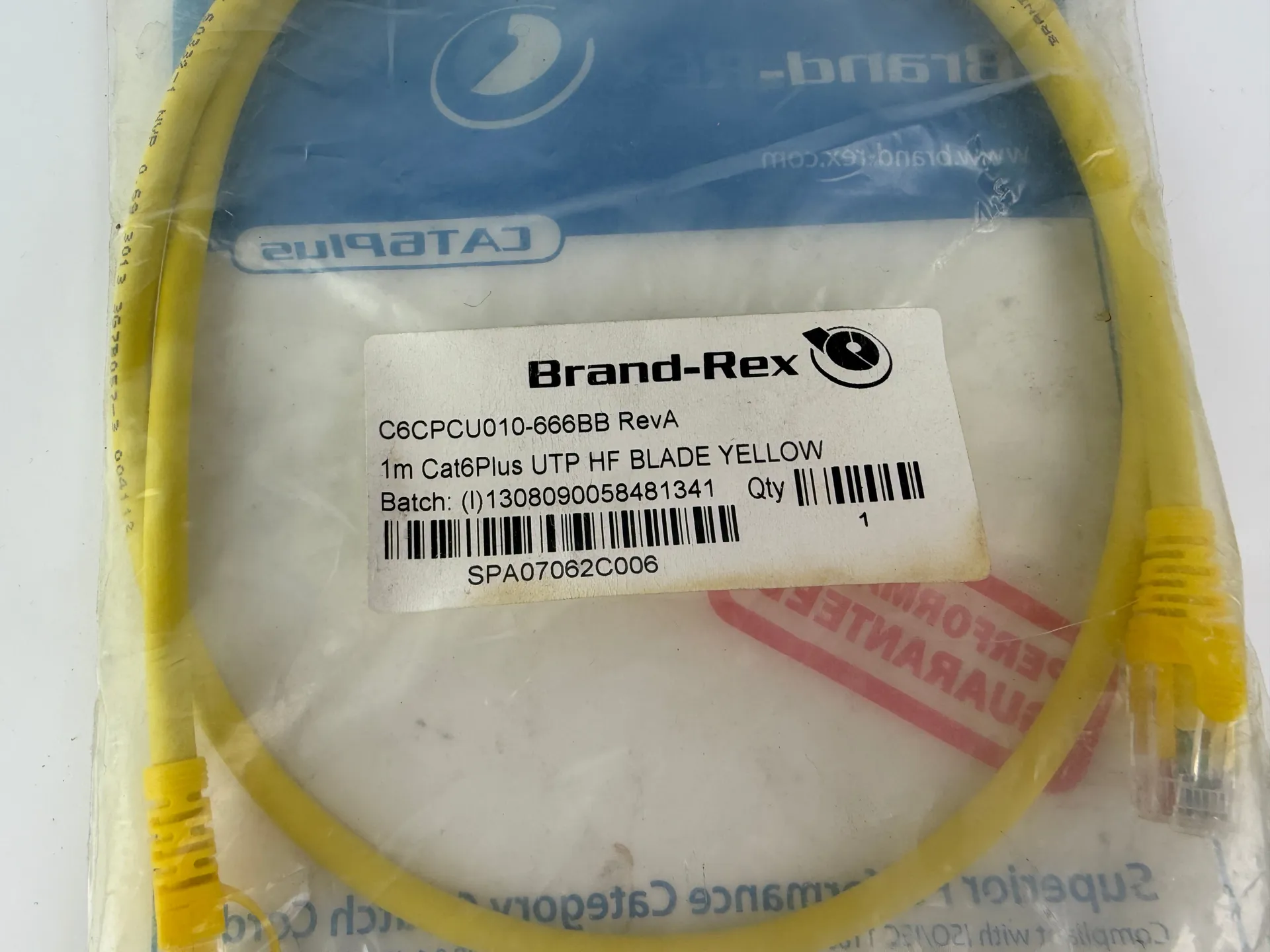 Brand-Rex C6CPCU010-666BB Cat6Plus UTP Patch Cable 1m Yellow RJ45 HF - Thumbnail 3